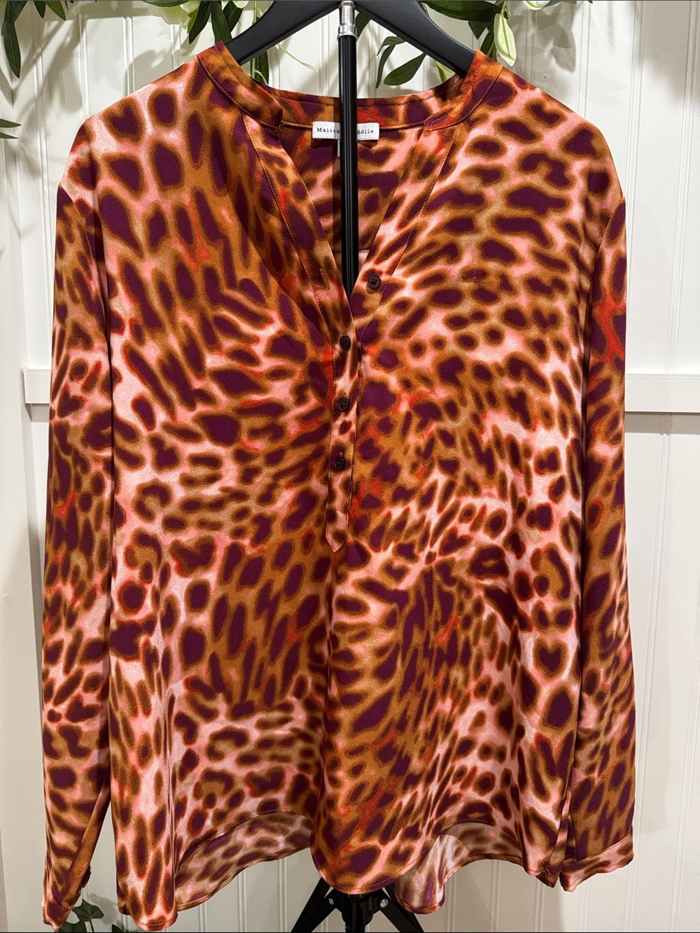 #533 MAISON D’AMELIE Animal-Print Silk-Look Henley Blouse